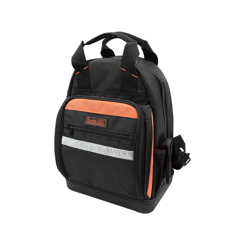 MULTI-PURPOSE TOOL BACKPACK WITH WATER PROOF ANTI-SLIP RECTANGLE PP BOTTOM ,600 SERIES BLACK/ORANGE AND REFLECT STRIP, MADE OF 1680D JKB-63214